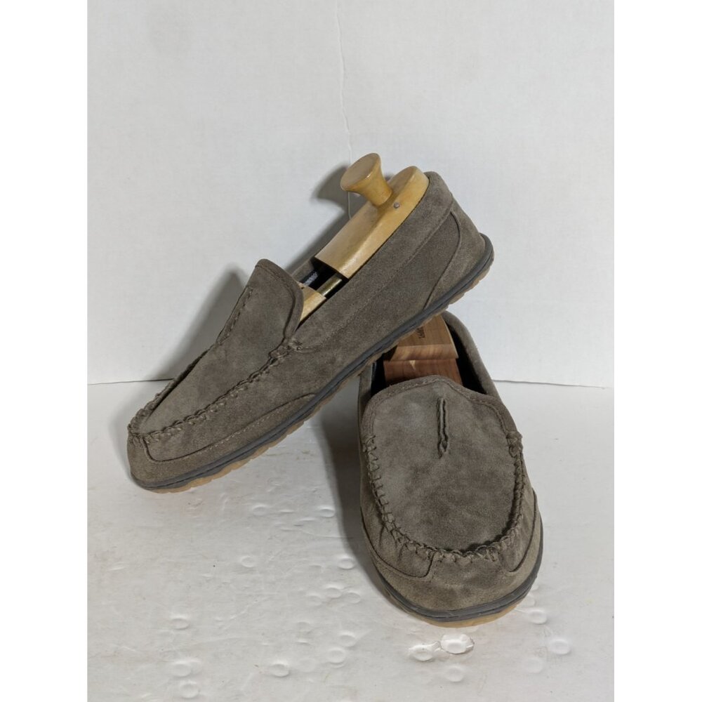 Men Size 14 Clarks Slippers Taupe Suede Slip On Uppers Rubber Soles Plaid Lining